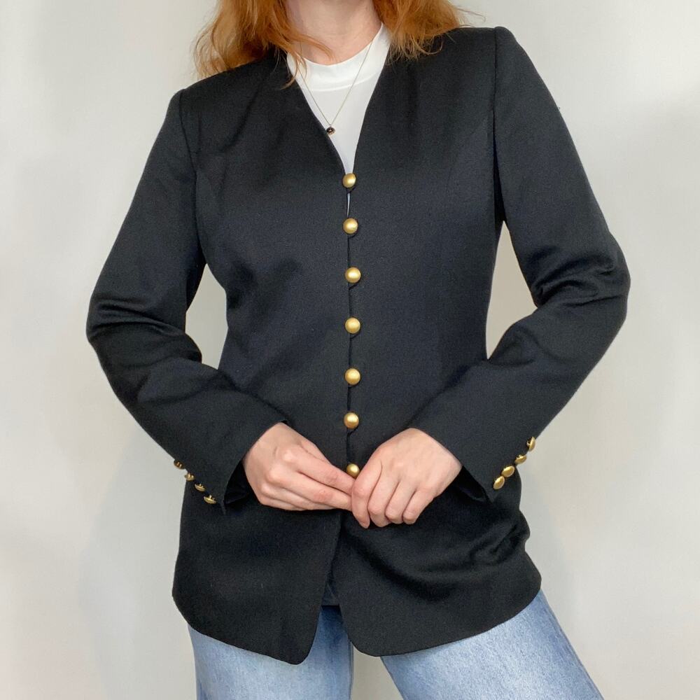 Vintage 80s Size 8 Black & Gold Military Style Button Front Blazer Jacket